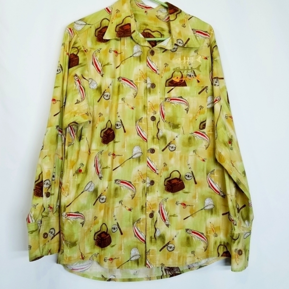Homemade novelty print Fishing embroidery mens button up shirt chest pocket‎ L